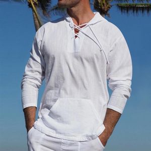 Camicie casual da uomo Uomo hawaiano Primavera Estate Spiaggia Cotone tropicale Tasca con cinturino in lino Tinta unita Manica lunga con cappuccio Medie303l