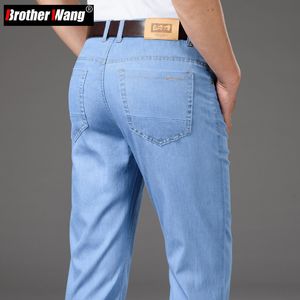 Jeans masculinos estilo clássico verão luz azul fino negócio reto casual estiramento denim calças masculinas marca calças soltas 230919