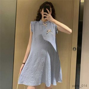 Maternity Dresses Pregnant Women's Summer Dress Pregnant Women's Cheongsam Improvement Mid length Checkered Sleeveless Trendy Mom Sweet