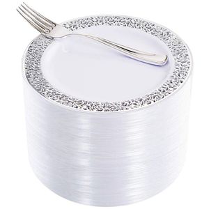 Tek kullanımlık yemek takımı 25pcs Gümüş tatlı tabaklar ile tek kullanımlık çatallar ile set dantel tasarım düğün partisi plastik tabaklar tatil partisi için plastik tabaklar 230920