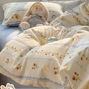 Bedding Sets Four-Piece Cotton Ins Style Plant Flower Printing Embroidery Summer Full Pastoral Quilt Cover Fitted Sheet Set Simple