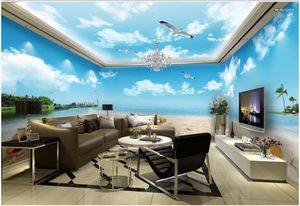 Sfondi Personalizzati Po 3d Carta da parati Cielo blu e nuvole bianche Scenario romantico sulla spiaggia Full House Sfondo Decor Room per parete 3 D