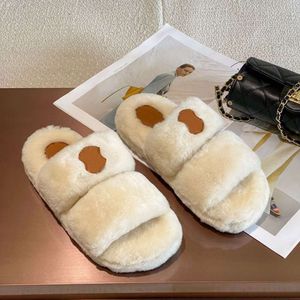 Designer Fur Slides Triomphe Sandal Luxury Winter Slides Womens Fluffy Wool Rubber Sandal Beige No482