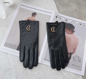 sheepskin Gloves for women Pearl inlaid logo decoration girl Five Fingers Gloves Warm plush lining Mittens Winter Gift Including box