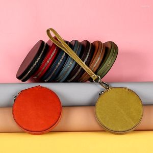 Wallets Genuine Leather Round Coin Purse Mini Wrist Bag Cowhide Retro Small Zipper Wallet Card Holder Key Lipstick Pouch For Men Women