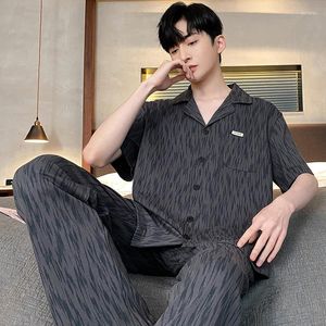 Men's Sleepwear Pajamas Striped Cotton For Men Short Sleeve Long Pants 2 Piece Set Pyjama Male Loungewear Home Clothes