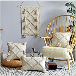 Beige Linen Cotton Cushion Cover 30x50cm 45x45cm Tassels Embroidery Pillow Cover Home Decor Sofa PillowCase Pillow Sham 210315217j