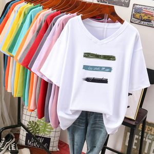 Damen Plus Size T-Shirt 100 Baumwolle T-Shirt L6XL T-Shirt Kurzarm Frauen Sommer Print Big Casual V-Ausschnitt Übergroße Shirts 230919