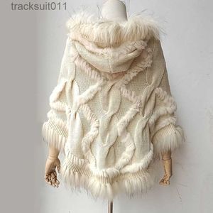 Women's Cape Women Winter Loose Warm Knitted Poncho With Real Raccoon Fur Stripe Female 2023 New Hooded Ponchos Cape L230920