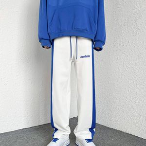 Männer Hosen Gerade Jogginghose Kontrast Farbe Elastische Taille Tiefem Schritt Lose Sport Breite Bein Gestreiften Männer Hip Hop Hosen 230919