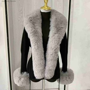 Kvinnors päls faux päls kvinnor faux päls stickad cardigan med räv hela päls krage höst-vinter lyx faux räv päls kofta mode sexig konstgjord päls l230920