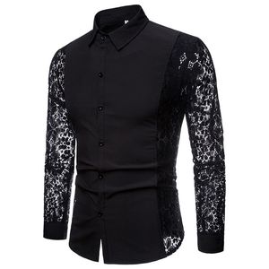 2018 Nowa jesień czarna biała patchworka koronkowa koszula Mężczyźni Przezroczyste seksowne impreza Długie rękawowe koszule Camisa Social Masculina241Q
