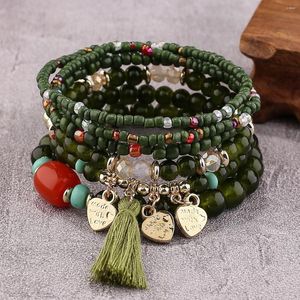 Bracciale con perline di vetro multistrato vintage moda filo braccialetti con ciondoli a farfalla in lega di colore verde smeraldo per femme