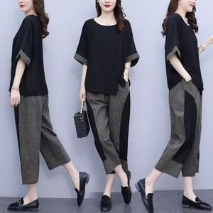 Women's Two Piece Pants 2 Pcs/Set Women T-shirt Set Trendy Patchwork Lady Top Trousers Suit Pockets Garment