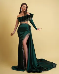 Aso Ebi Arabic Dark Green Romaid Платье выпускное выпускное выпускное платье с бисером кружевное вечернее формальное вечеринка второй прием