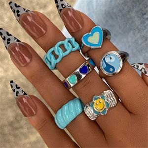 Fedi nuziali Vintage 6 pezzi blu abbraccio mani impostate per le donne rivestimento in vernice metallica creativo stile INS amore cuore anello gioielli di moda 230920