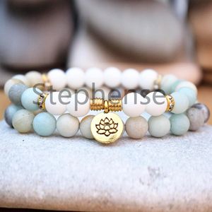 MG0624 Neues Design Poliertes Amazonit-Armband-Set Weiße Perlen Lotus-Charam-Armband Damen-Yoga-Handgelenk-Mala-Armband225B