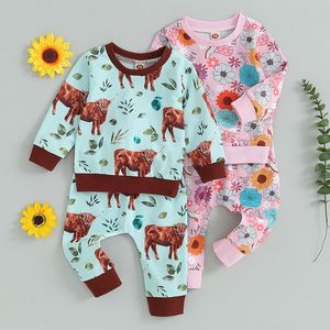 Giyim Setleri 0824 Lioraitiin 03y Toddler Erkek Kız Kızlar Batı Giysileri 2pcs Flowercow Head Baskı Sweatshirt Elastik Bel Pantolon 230919