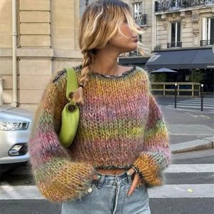 Kadınların Sweaters Gradient Kısa Külot Kazak 2023 Sonbahar Kabarık Kılıf Örme Tığ işi Peluş Palto Vintage Yüksek Street Giydirme 230920