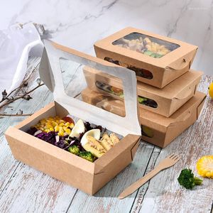 Tek kullanımlık bardak pistler 25pcs kraft kağıt salata kutusu erişte gıda ambalaj kutuları öğle yemeği pinic net pencere ile pinik