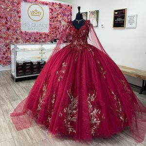 Red Off Shoulder 3D Flowers Applique Ball Gown Quinceanera Dresses Beaded With Cape Sweet 16 Dress Birthday Vestido De 15 Anos