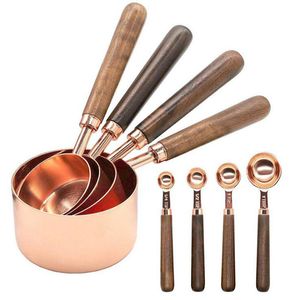 Ferramentas de medição 4/8pcs copos de medição e colheres de medição de cozinha ferramenta de padaria noz alça de madeira rosa ouro copos de medição colher 230919