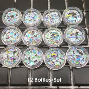 Nail Art Decorations 1 set fashion pointed back clear AB color nail art resin crystal top quality nail Rhinestone 12 bottles nail art set kit 230919