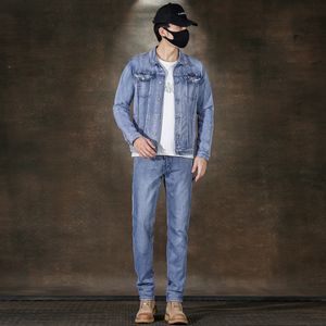 Деловые повседневные мужские джинсовые комплекты Классический простой тонкий эластичный джинсовый костюм из двух частей Куртка с длинными рукавами и брюки Весенне-осенняя повседневная одежда