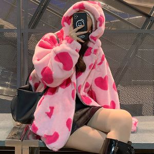 Jaquetas femininas Harajuku em forma de coração Impressão Jaqueta de pelúcia Mulheres Inverno Coreano Manga Longa Casaco Com Capuz Grosso Casal Quente Streetwear Outerwear 230920