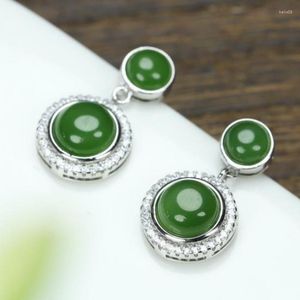 Dangle Earrings 925 Sterling Silver Green Jade Women Fine Jewelry Genuine Hetian Jades Nephrite Zircon Round Pendant Earring