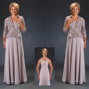 Ursula Mother of the Bride Dresses With Jacket Floor Length Lace Appliqued Chiffon aftonklänning för bröllop205m