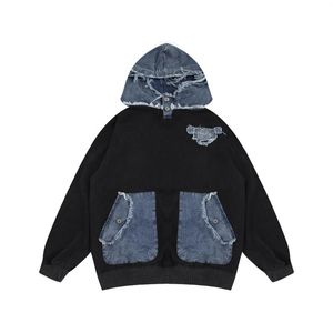 Herrtröjor denim lapptäcke överdimensionerade hoodie män hip hop hooded tröja jacka streetwear lös y2k pullover rock man