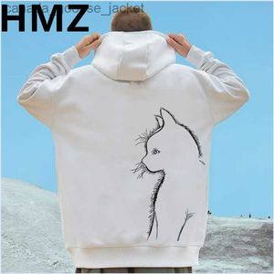 Erkek Hoodies Sweatshirts Hmz Kış Kış High Street Hoodies Pamuk Erkekler Sweatshirt Moda Sokak Giyim Kedi Baskı Hoodies Erkekler için Sıradan Gevşek Külük Hoodyl230920