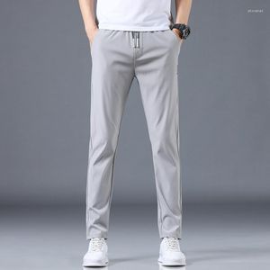 Calças masculinas 2023 verão casual homens calça slim fit trabalho elástico cintura luz fina legal cinza cáqui preto calças masculinas 28-38