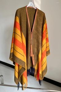 Lenços 90% lã 10% cashmere laranja poncho couro franja design listrado retalhos oversized xale envoltório cachecol inverno