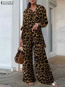 Kvinnors tvåbitar byxor Fashion Women Leopard Print Pant Set Zanzea Casual Loose Tops och Pant Outfits höstbrett benbyxa Två styckesuppsättningar 230920