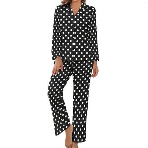 Kvinnors sömnkläder klassiska polka dot pyjamas långa ärmar svartvitt 2 -stycke avslappnade pyjama sätter vår kvinnor v nack retro