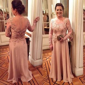 2021 Blush Pink Mother Of The Bride Dresses Jewel Neck Lace Appliques Flowers Illusion Satin Long Sleeves Evening Dress Wedding Gu193z