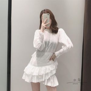 2022 new design women's o-neck white color lantern long sleeve slim waist hollow out embroidery mermaid dress layered ruffles286u