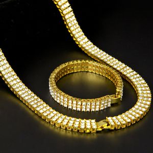 Swanking Hip Hop 3-Rows Rhinestones Necklace Bracelet Shiny Cubic Zirconia Gold Silver Plated Mens Women Jewelry Set Punk T-Show Accessories