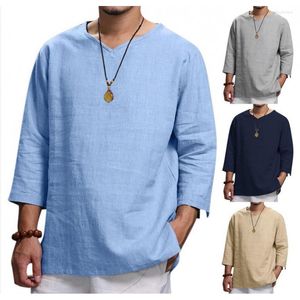 Polo da uomo 2023 scollo a V in cotone e lino T-shirt uomo traspirante tinta unita manica lunga casual T-shirt allentata Top M-4XL Run