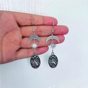 Dangle Earrings Gothic Crow For Women Vintage Silver Color Sun Moon Drop Statement Jewelry