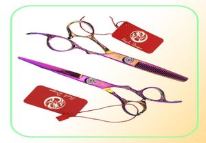 Purple Dragon Hair Scissors Rainbow Gem Screw Hair Cutting and Thunning Scissors 6 tum Rose Carving Handtag Simple Packing New3796870