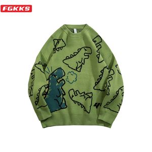 Herrtröjor fgkks tröja män harajuku mode stickad hip hop dinosauri tecknad pullover oneck överdimensionerad casual par man 230919