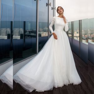 Elegant Crystal Beads Wedding Dresses With Long Sleeve Shine Tulle Bling Bling Wedding Dress For Bride Beaded Bridal Gown