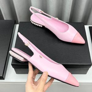 Womens Slingbacks Sandals Designer Dress Shoes Slip On Classic Pink Black White Pointed Toe Chain Shoes Pearl Low Heels Adjustable Buckle Wedding Shoe With Dust Bag