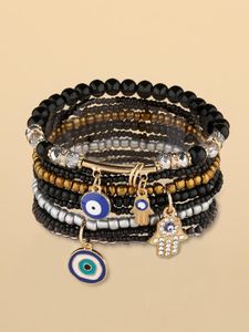 Pulseira de contas de arroz de vidro Strand Boho Devil's Eye