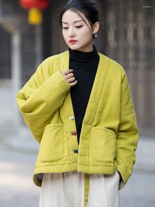 Women's Trench Coats Johnature Women Vintage Linen Parkas V-Neck Solid Color Long Sleeve Loose 2023 Winter Pockets Chinese Style