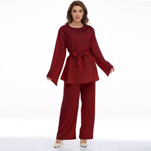 Plus Size Vestidos Yitonglian Tamanho Roupas Mulheres Muçulmanas Laceup Dois Conjuntos Sólidos 2 Pares Calças XXL 230919