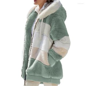 Giacche da donna Cappotto invernale Moda Casual Cuciture Plaid Abbigliamento da donna Giacca da donna in peluche con cerniera con cappuccio